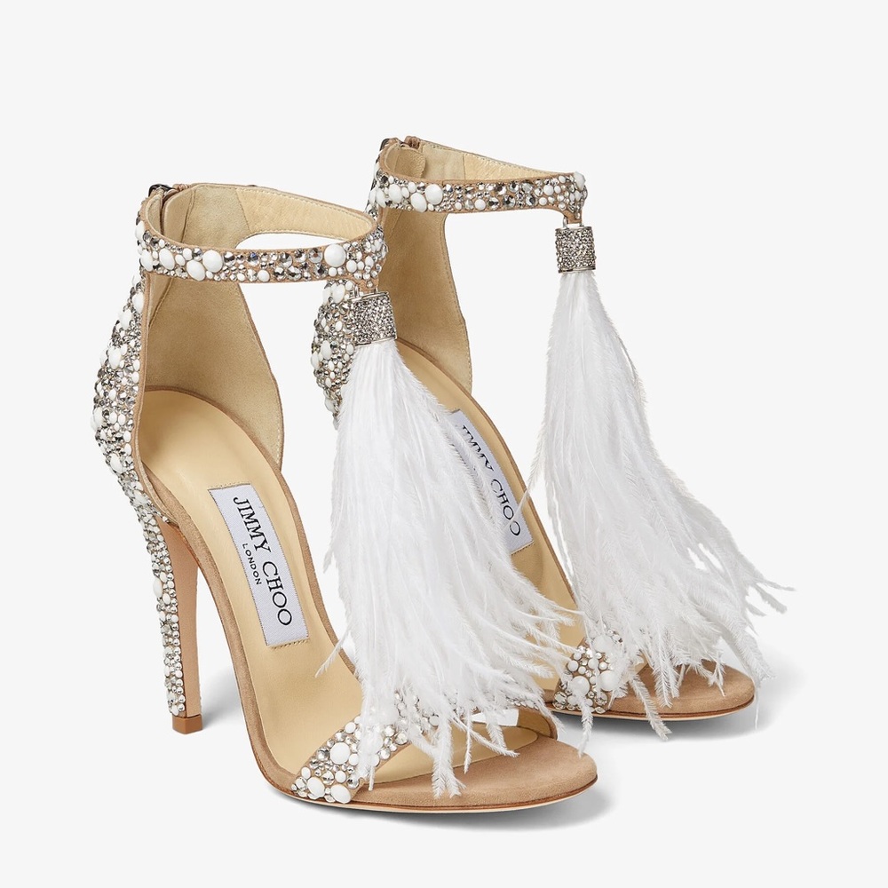 NWT Jimmy Choo ‘Viola 110’ Sandal Heels - Wedding Crystal Ostrich Feather Pearl